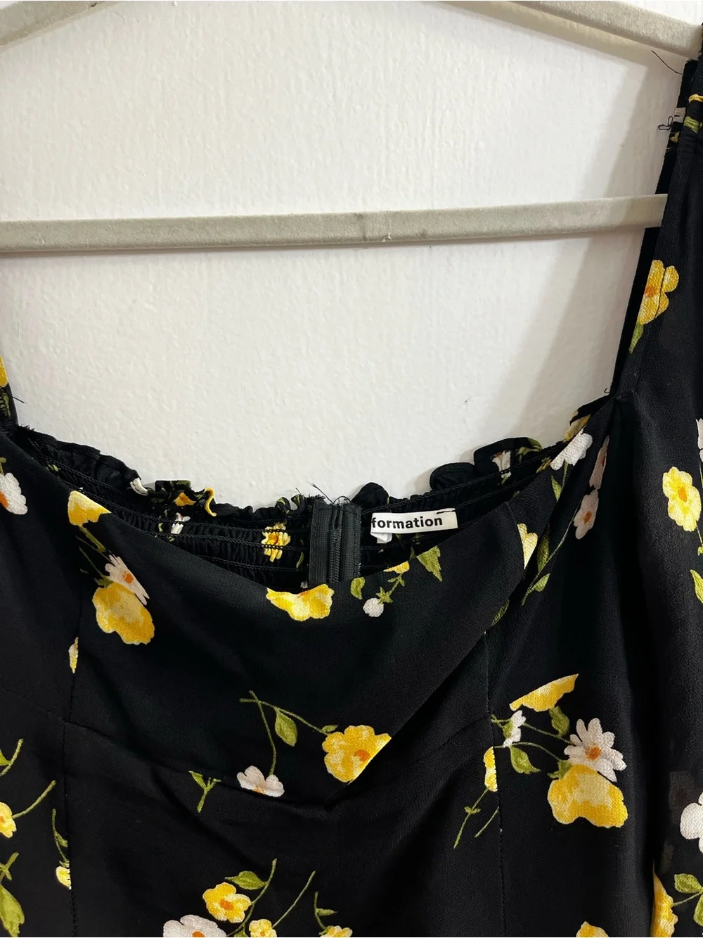 Reformation Black Floral Smocked Off-Shoulder Blouse with Yellow & White Blooms
